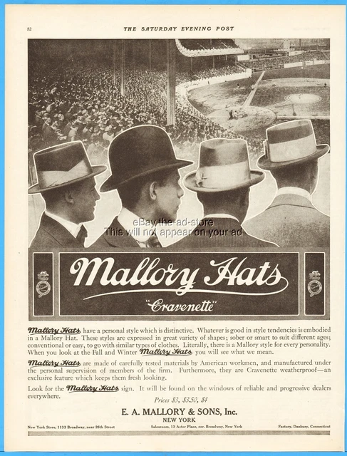 1914 E A Mallory Hat Co Danbury CT Cravenette Baseball Game Photo Men's Style Ad