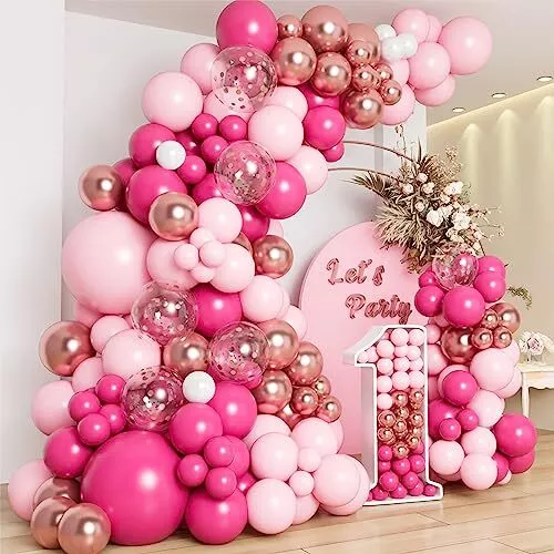 Kit de guirlande de ballon rose et noir, 114 pcs rose vif pastel rose noir  blanc confettis ballons en latex souris thème ballon ballon pour filles  femmes anniversaire