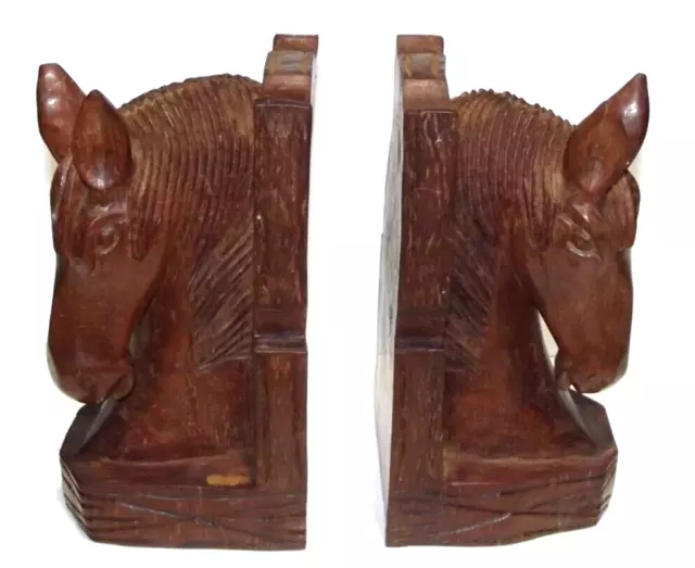 7" Vintage Hand Carved Tiger Oak over 5 lb. pair Wood Equestrian/ Horse Bookends 2