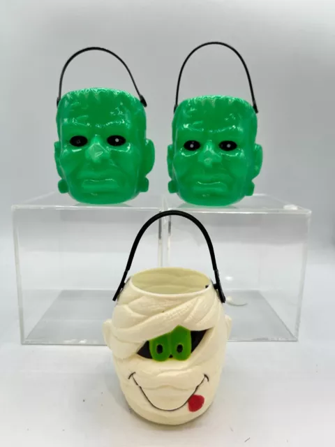 Vtg Mini Plastic Halloween Bucket Blow Mold Mummy  Frankenstein Candy Container
