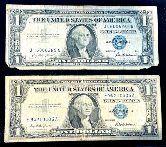 1957 $1 Silver Certificate LOT OF 2 Banknotes One 1 Dollar Bills Cash Money Note