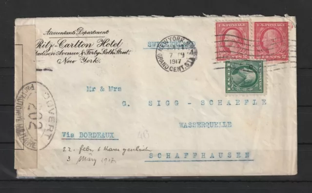 USA Firmenbrief RitzCarlton Hotel von New York  SchaffhausenZensur 1917 #1093686