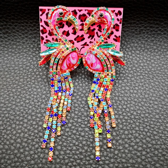 Betsey Johnson Multi-Color Crystal Rhinestone Flamingo Bird Tassel Stud Earrings