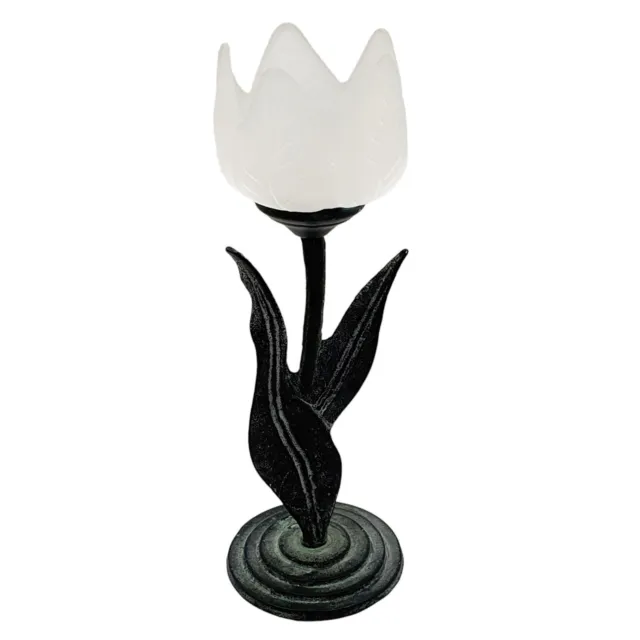 Vintage Tulip Votive Candle Holder Frosted Glass Flower Cast Metal Candle Stick
