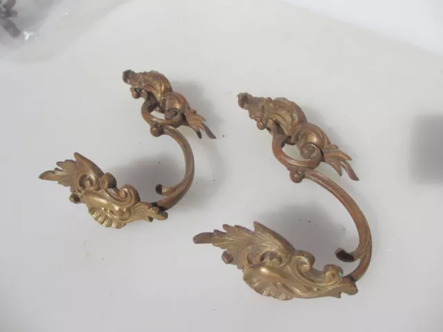 Antique Brass Curtain Tie Backs Hooks French Old Victorian Rococo Leaf Vintage