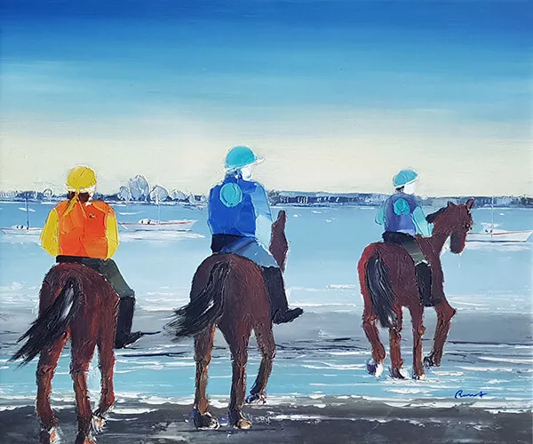 tableau peinture unique, BALADE EN CHEVAUX SUR PLAGE, peinture l'huile sur toile