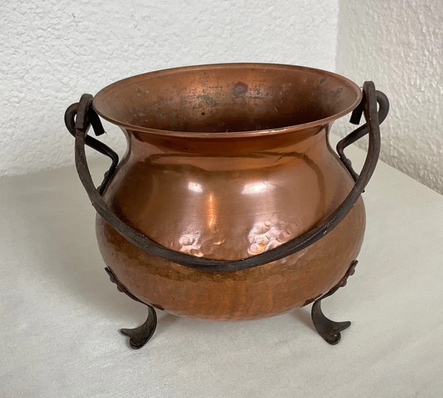 Chaudron Cache-Pot Tripode En Cuivre Martelé - Anse Fer Forgé - Déco Vintage