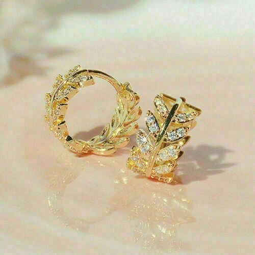 1.50 Ct Lab Created Diamond Leaf Huggie Hoop Earrings 14k Yellow Gold Plated