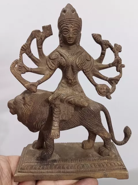 Antique Old Indian Ritual Tribal Brass Bronze of DURGA ON LION SHERAWALI Statue