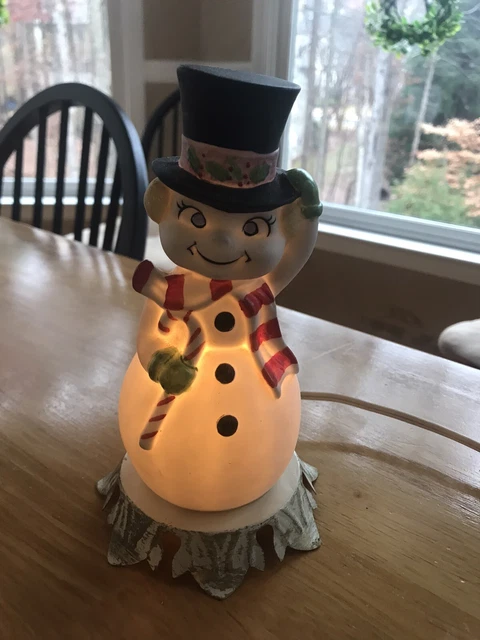 60s Vintage Aladdin Giftware Ceramic Christmas Snowman Portable lamp Light works