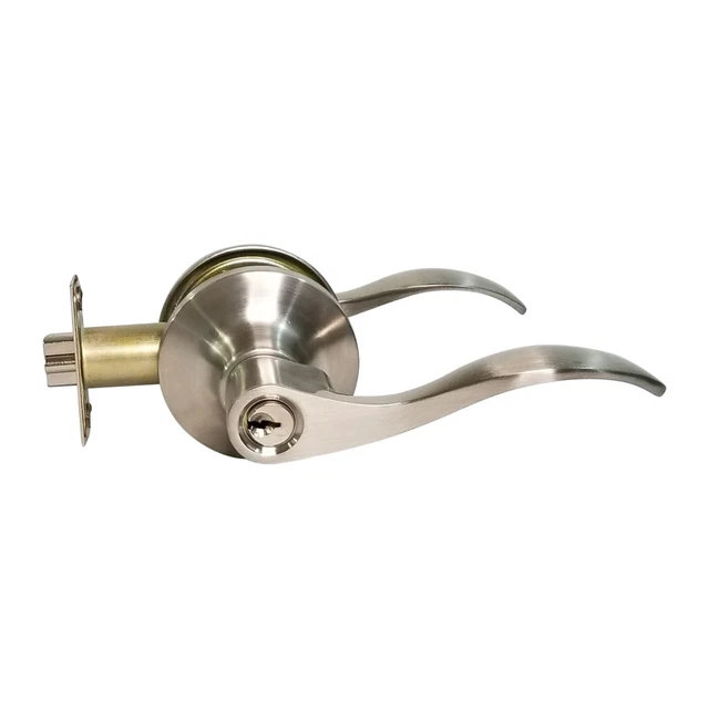 Lever Door Lock Keyed Cylinder Entry Satin Nickel  Wave Handle New with 3 Keys