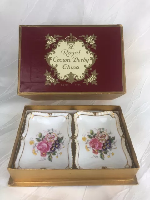 Royal Crown Derby China - Set Of 2 Little Oblong Pin Dishes In Original Box