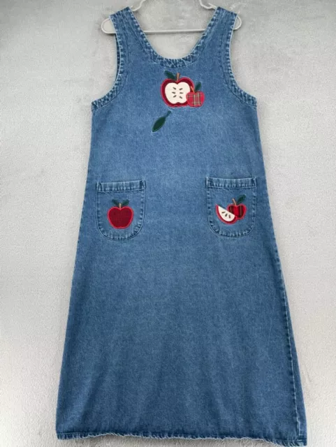 Vtg Mandal Bay Denim Dress Women M Blue Embroidered Apple Teacher Jumper Pockets