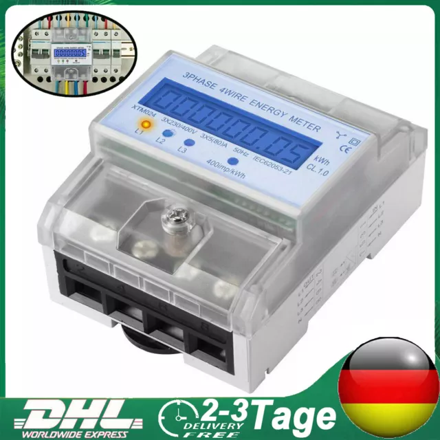 Drehstromzähler geeicht für DIN Hutschiene + 3x5(80)A 230/400V 3 Phasen 4 Draht~