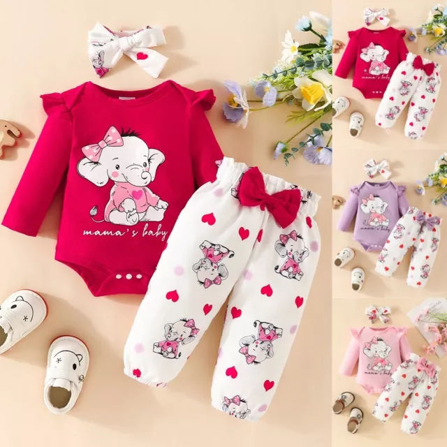 3PCS Newborn Baby Girls Elephant Print Romper Tops Bow Pants Outfit Set Clothes