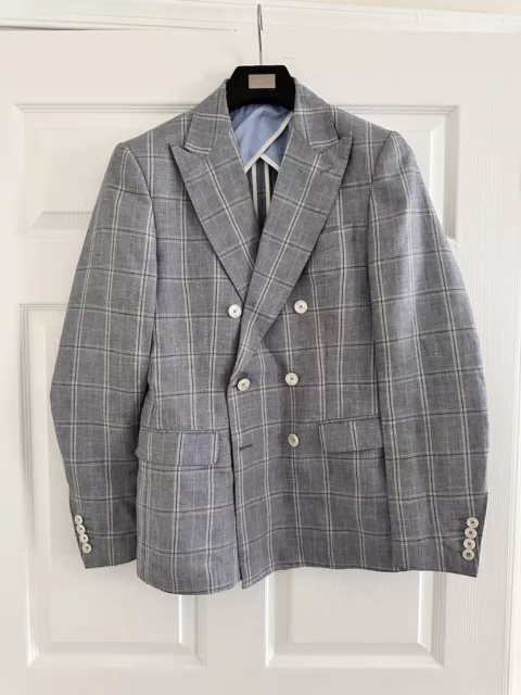 Zara Man Blue Linen Plaid Double Breasted Blazer Size EU48, US 38