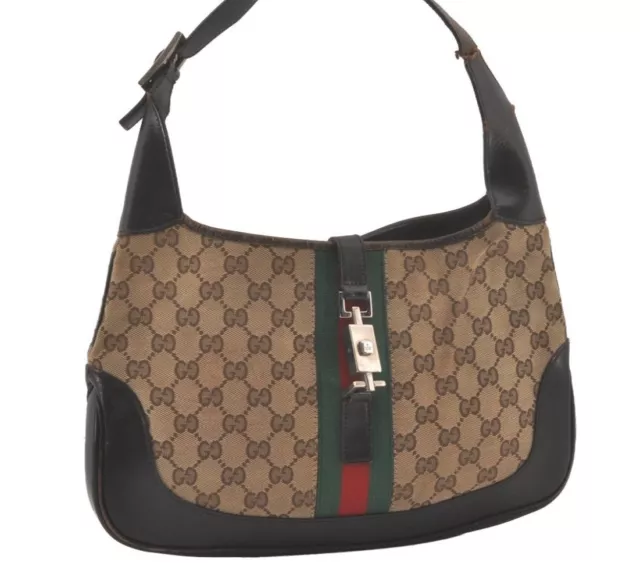 Authentic GUCCI Web Sherry Line Jackie Shoulder Bag Canvas Leather Brown 8597I