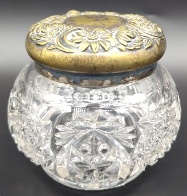 Cut Glass Vanity Dresser Jar with a Floral Repousse Metal Lid