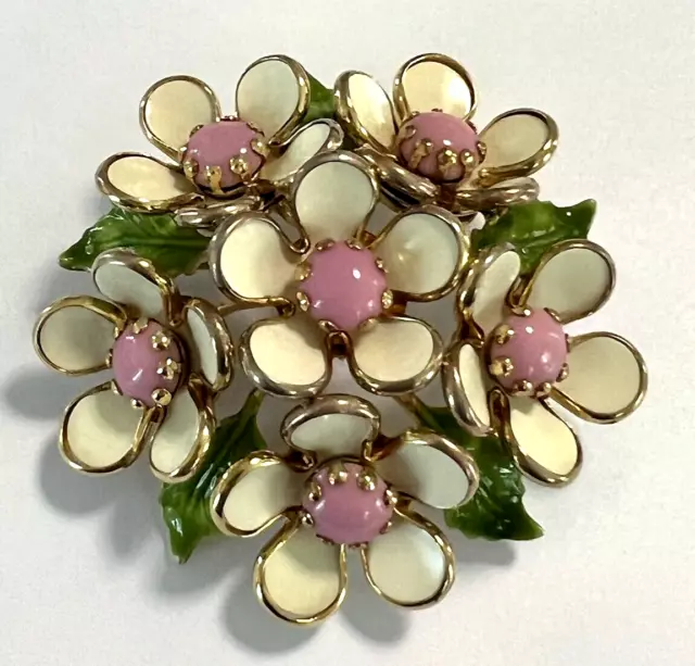 Vintage Pink Beaded Celluoid Petal Green Enamel Flower Brooch Pin