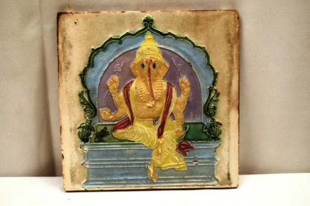 Antique Tile Majolica Art Nouveau Ceramic Ganesh Sitting On Throne Gwalior "046