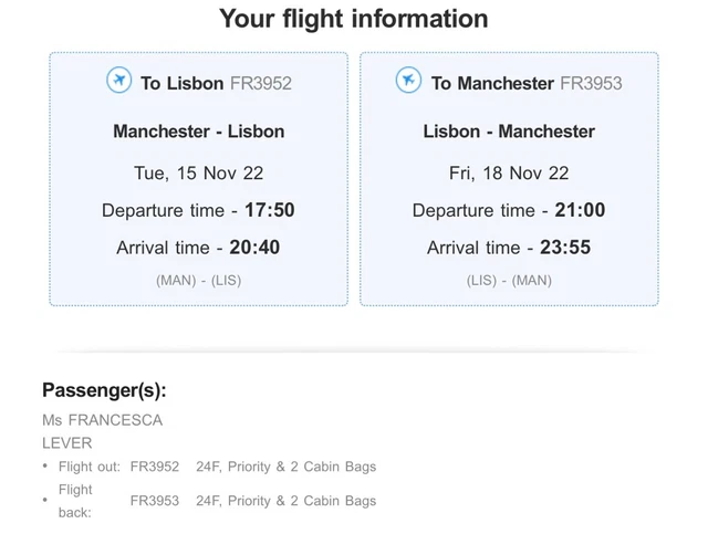 Flight tickets - MANCHESTER TO LISBON