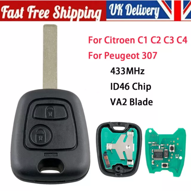 For Peugeot 107 207 307 Citroen C1 2 Button Car Remote Key Fob 433MHz ID46 Chip