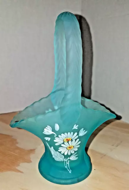 Westmoreland Satin Frosted Glass Basket Blue Daisies Hand Made