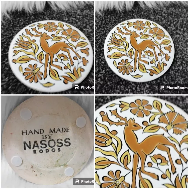Vintage Ceramic Coaster Hand Made by Nasoss Rodos Greece Deer Floral Yellow