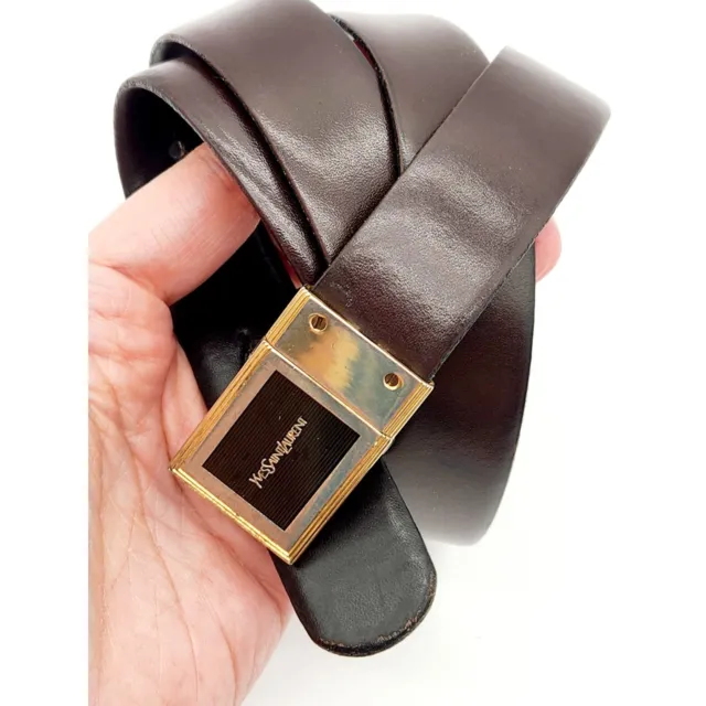 Vintage YSL Yves Saint Laurent Reversible Flip Buckle Black Brown Leather Belt