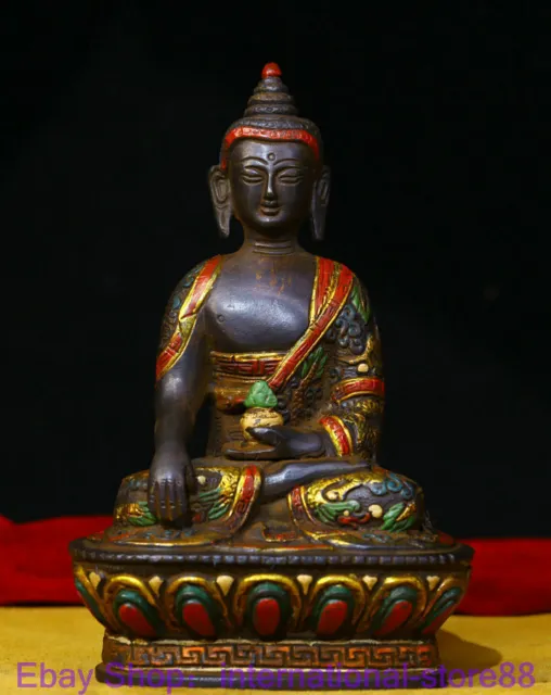 7.2" Rare Old Tibetan Copper Painting Shakyamuni Amitabha Buddha Sculpture