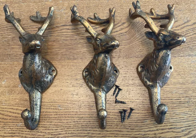 3 EUC Rustic Heavy Duty Cast Iron Deer Head Wall Antler Coat, Hat, Robe Hook