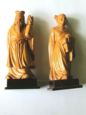 2 Vintage Quality Hand Carved Wood Figurine Detailed Japanese Art 6"
