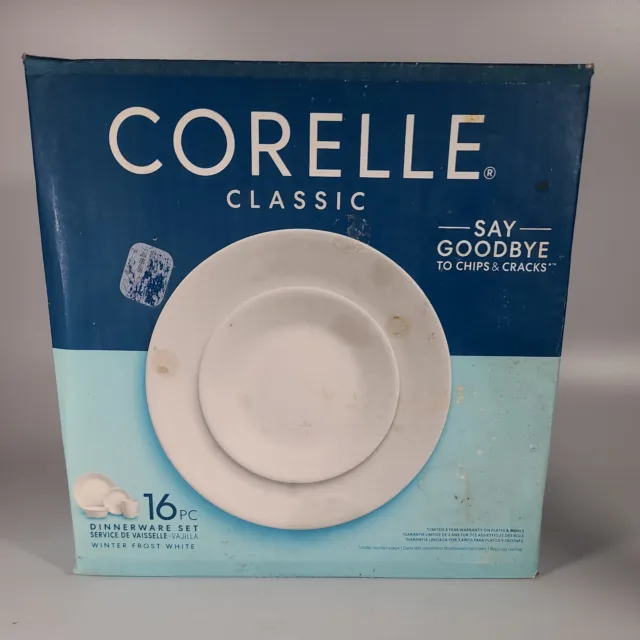 NEW-16 Pc Corelle WINTER FROST WHITE Dinnerware Livingware Set Sealed Box