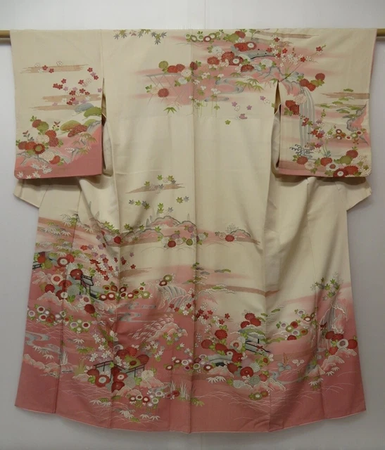 1026T03z940 Vintage Japanese Kimono Silk TSUKESAGE Off-white Garden