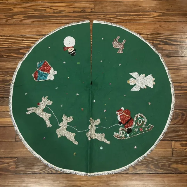 Vintage Santa Claus Reindeer Felt Tree Skirt Complete Frosty 36”