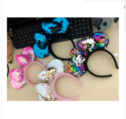 2020 Parks Minnie Mouse Ears Bow Pink Sequins Plush Headband top hot 4pc