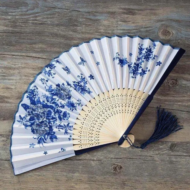 Chinese Style Folding Fan Bamboo Cloth Foldable Hand Held Dance Party Favor - C