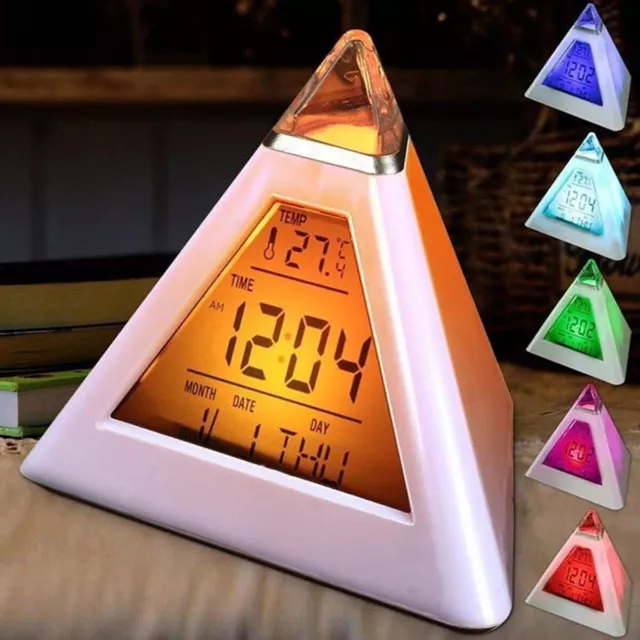 LED Digital Alarm Clock Pyramid Night Light Color Changing Desk Clock with BL 2