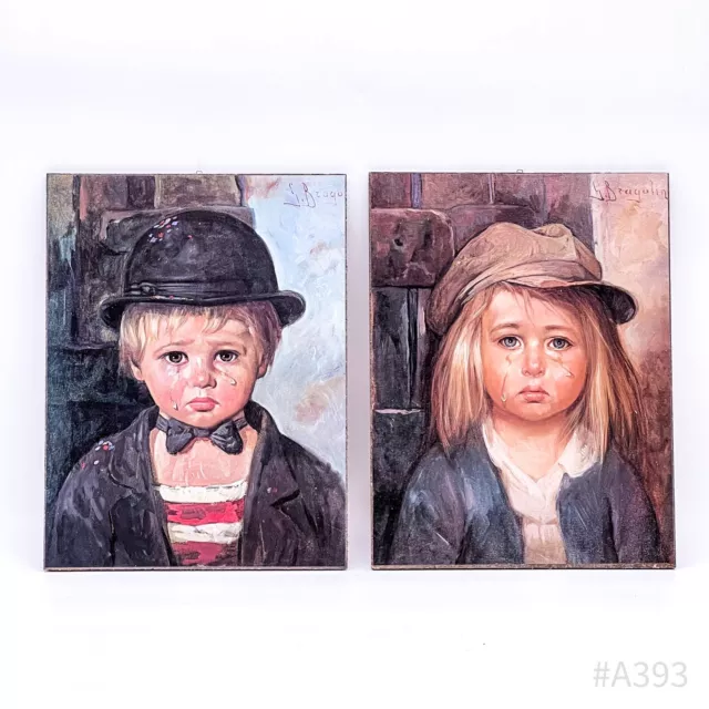 Giovanni Bragolin Impressions D'Art „Weinende Enfants“ sur Bois Jeune & Fille