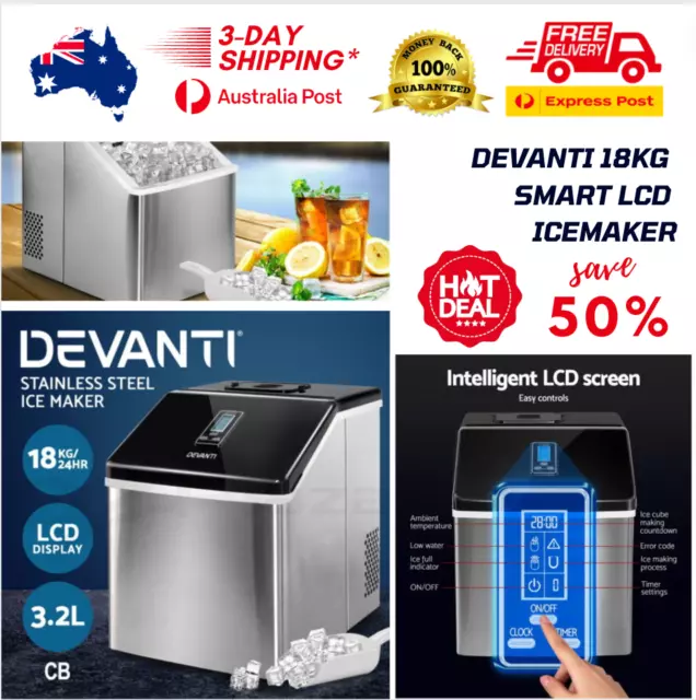 DEVANTi 3.2L Portable Ice Cube Maker Cold Commercial Machine Stainless Steel