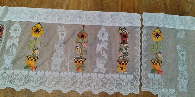 UNIQUE 3 pc Set Birdhouse Swag & Valance White Kitchen Curtains