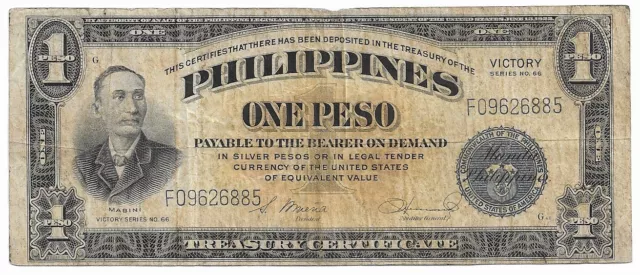 Philippines Mabini One Peso Victory Series 66 Circulated Bank Note