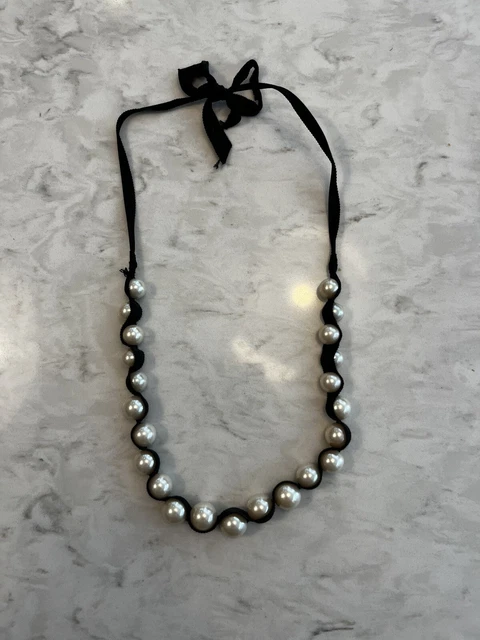 J.Crew Black Canvas Ribbon Cream Pearl Statement Necklace