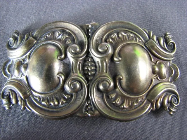 Antique Sterling Silver Art Nouveau Belt Buckle Hearts Repousse Embossed Scroll