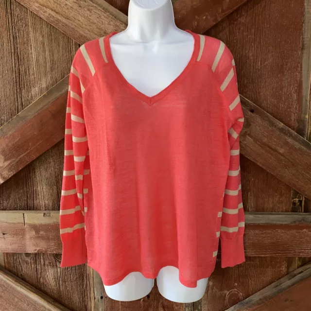 Ann Taylor Loft Pullover Spring Shirt Striped Sleeve V-Neck Small Office Casual