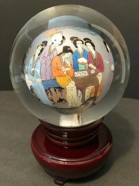 Vintage Chinese Hand Painted Reverse Art Glass Globe  w/swivel stand