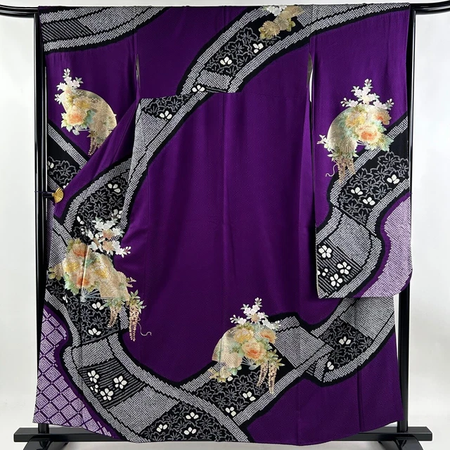 Japanese Silk Kimono Vintage Furisode Gold Fan Flower Grass Silver Purple 62"