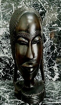 Vintage Hand Carved African Woman Bust Wood Statue Sculpture Tribal Folk Art