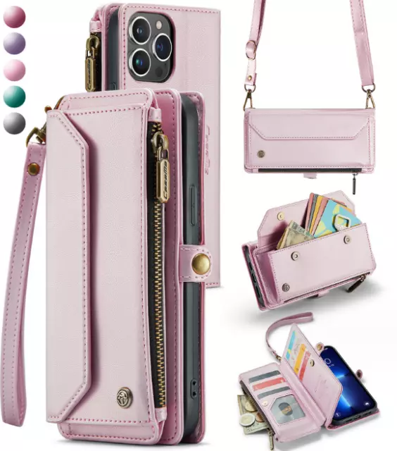 Women Zipper Leather Magnetic Card Wallet Crossbody Phone Case For iPhone/Galaxy