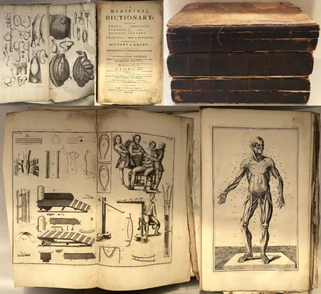 1745 James MEDICINAL DICTIONARY 3 Vols Anatomy Surgery Medicine 31 Plates